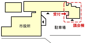 市役所の平面図による議会棟と傍聴受付の位置の案内
