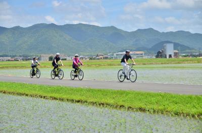 名田島地区の田園風景が広がる道をサイクリングするアナウンサーと市の職員