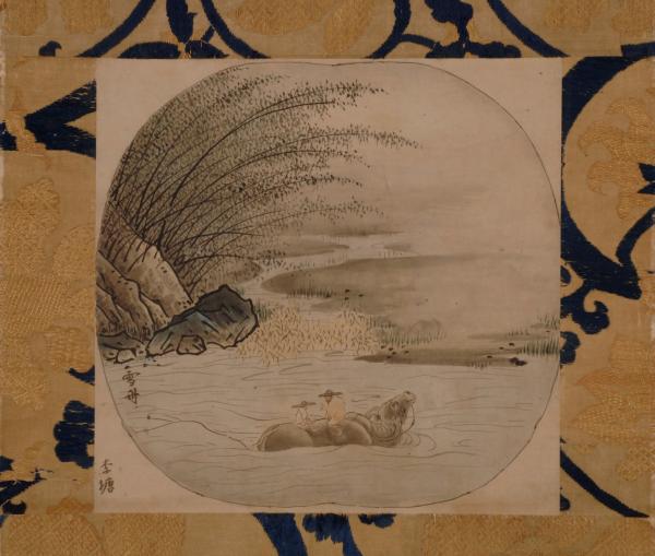 紙本淡彩牧牛図 雪舟筆(仿李唐)渡河