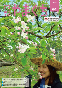 阿東のりんご園で地域おこし協力隊の女性がりんごの花びらを採取している写真